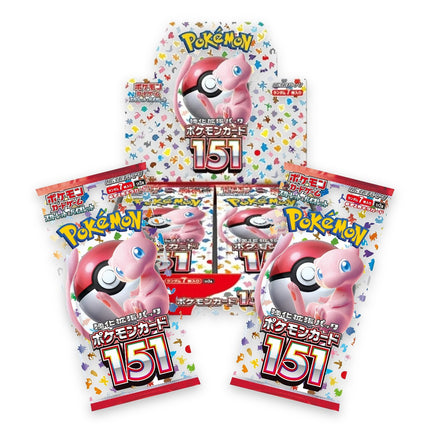 Pokemon 151 SV2a Japanese booster packs in front of the 151 booster box
