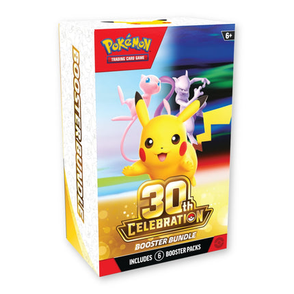 Pokémon TCG Mega Evolution 30th Celebration English Booster Bundle, sealed box of 6 booster packs with Pikachu, Mew and Mewtwo artwork