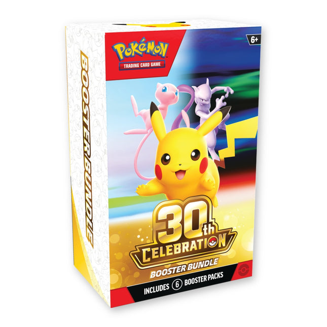 Pokémon TCG Mega Evolution 30th Celebration English Booster Bundle, sealed box of 6 booster packs with Pikachu, Mew and Mewtwo artwork