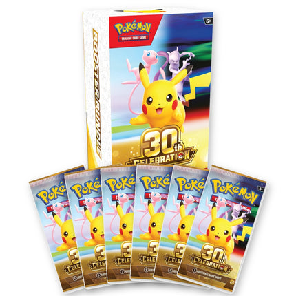 Pokémon TCG 30th Celebration English Booster Bundle with its six 30th Celebration booster packs fanned in front