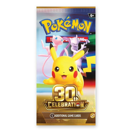 Pokémon TCG Mega Evolution 30th Celebration English Booster Pack, sealed pack front with Pikachu, Mew and Mewtwo artwork