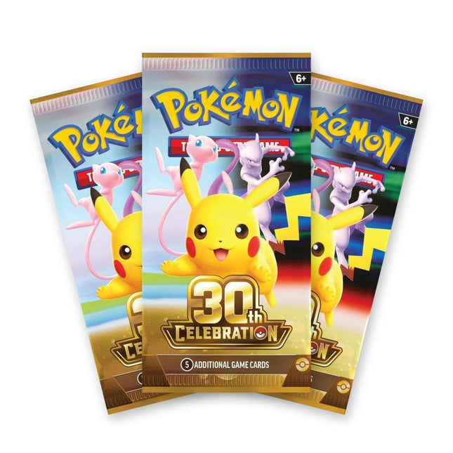 Three Pokémon TCG 30th Celebration English booster packs fanned out