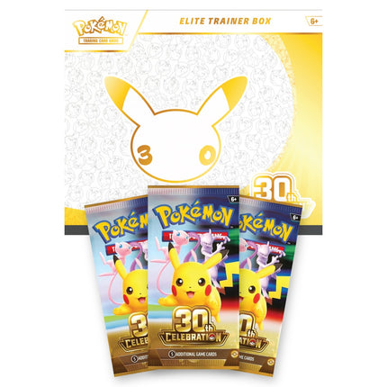 Pokémon TCG 30th Celebration English booster packs in front of the 30th Celebration Elite Trainer Box