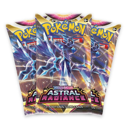 Three Pokémon Astral Radiance booster packs fanned out