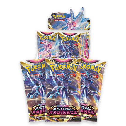 Pokémon Astral Radiance booster box with three sealed booster packs in front