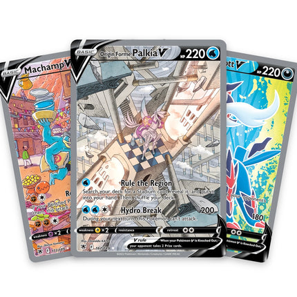 Astral Radiance chase cards: Origin Forme Palkia V Ultra Rare (alternate art) 167/189, Machamp V Ultra Rare (alternate art) 172/189, Hisuian Samurott V Ultra Rare (alternate art) 176/189