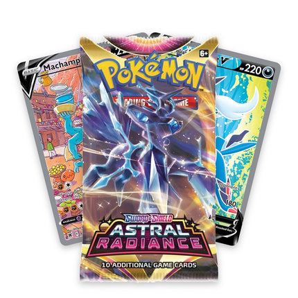 Pokémon Astral Radiance booster pack with chase cards Machamp V and Hisuian Samurott V behind