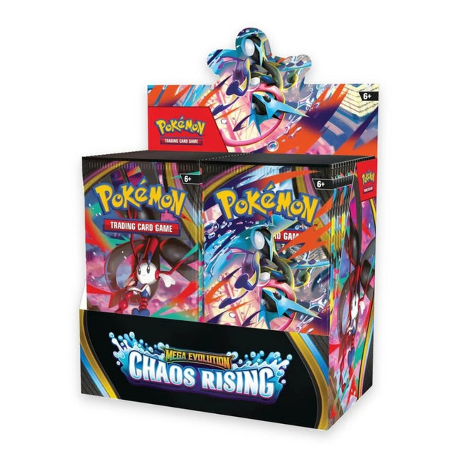 Pokémon Mega Evolution Chaos Rising Booster Box, front of sealed box
