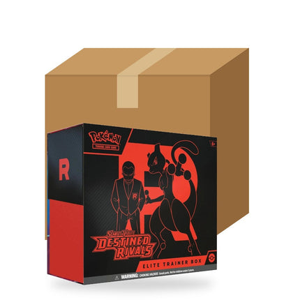 Pokemon Scarlet & Violet Destined Rivals Elite Trainer Box Case (10 ETBs), brown shipping case with an Elite Trainer Box in front