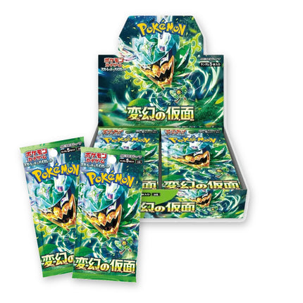 Pokemon Mask of Change SV6 Japanese booster packs in front of the Mask of Change booster box