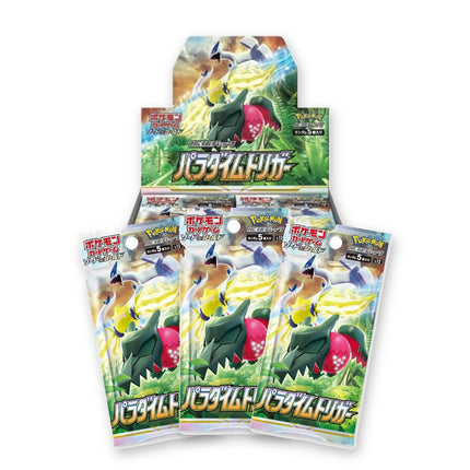 Pokemon Paradigm Trigger S12 Japanese Booster Box with three sealed booster packs in front