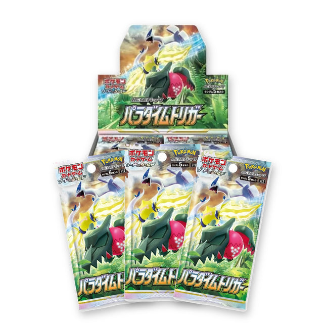 Pokemon Paradigm Trigger S12 Japanese Booster Box with three sealed booster packs in front