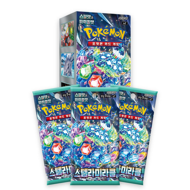 Pokémon Stellar Miracle SV7 Korean booster box with three sealed booster packs in front