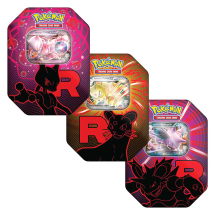 Pokémon Team Rocket Tins: Team Rocket's Mewtwo ex, Nidoking ex and Persian ex designs together