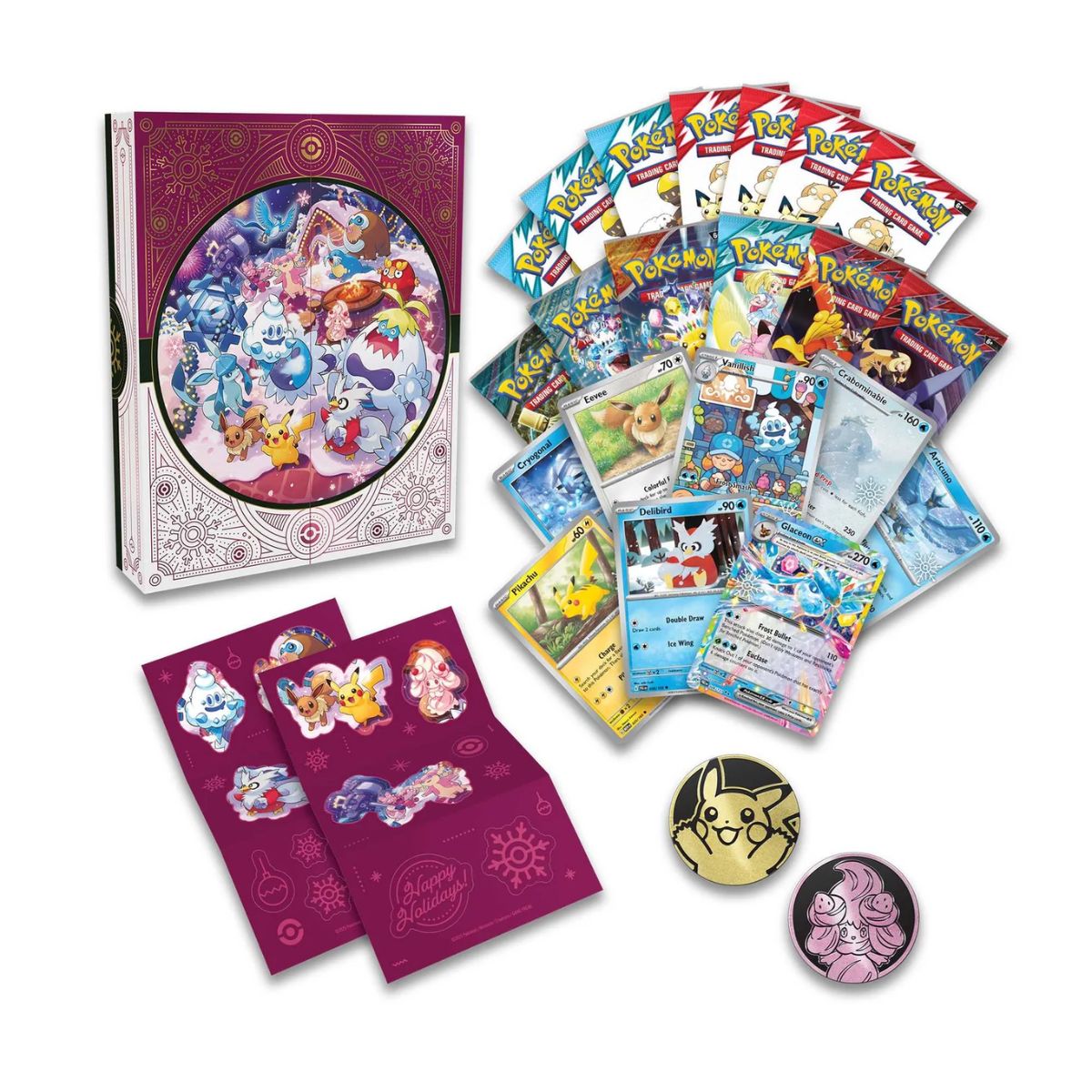 Contents of the 2025 Pokemon TCG Calendar. Includes calendar, packs, promo cards, coins and stickers.