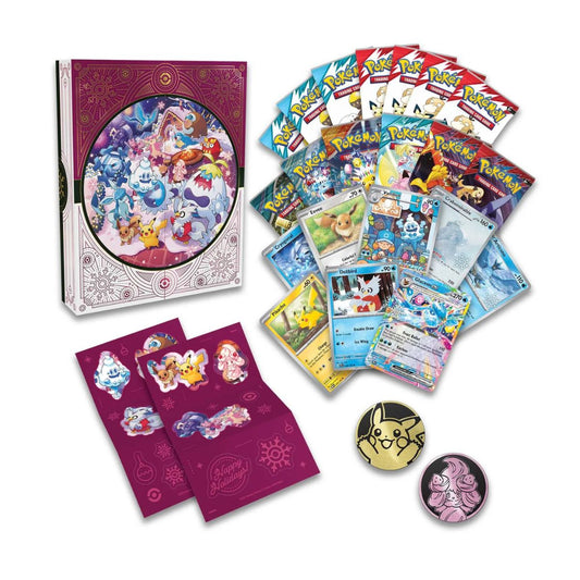 Contents of the 2025 Pokemon TCG Calendar. Includes calendar, packs, promo cards, coins and stickers.
