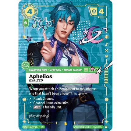 Aphelios, Exalted HEARTSTEEL Overnumbered RAD-179/167, a chase card from English Riftbound Radiance