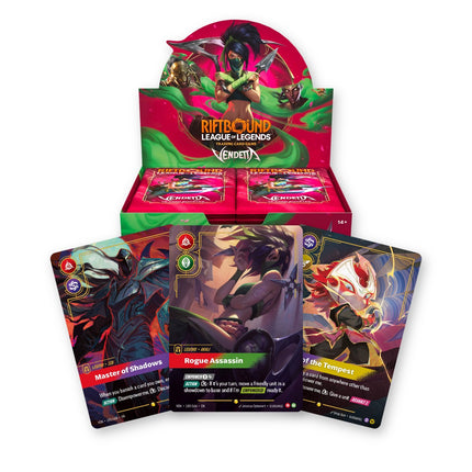 Riftbound Vendetta booster box with Akali, Zed and Kennen Overnumbered chase cards fanned in front