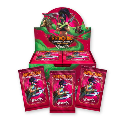 Riftbound Vendetta booster box with three Vendetta booster packs in front