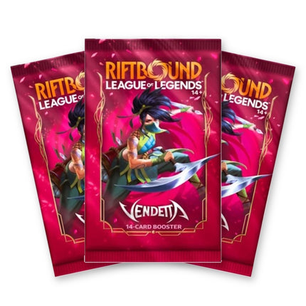 Three Riftbound Vendetta booster packs fanned out