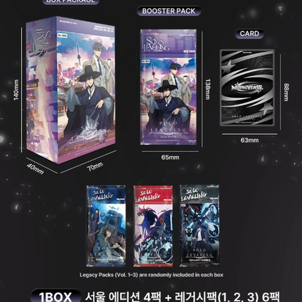 Solo Leveling Seoul Edition product composition: 4 Seoul Edition packs and 6 legacy packs per box