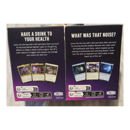 Backs of the Lifegain and Eerie boxes in the Magic: The Gathering Secrets of Strixhaven Theme Deck Set of 2