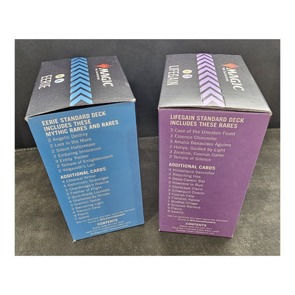 Sides of the Eerie and Lifegain boxes in the Magic: The Gathering Secrets of Strixhaven Theme Deck Set of 2, showing the included rares