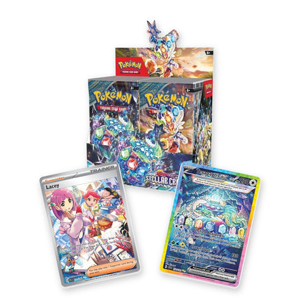 Pokémon Scarlet & Violet Stellar Crown Booster Box with chase cards fanned in front: Lacey SIR 172 and Terapagos ex SIR 170