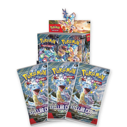 Pokémon Scarlet & Violet Stellar Crown Booster Box with three sealed booster packs in front