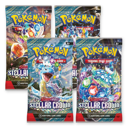 Pokémon Scarlet & Violet Stellar Crown booster packs, four pack artworks