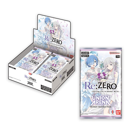 Union Arena Re:Zero (UE24BT) English booster pack shown with its 16-pack booster box