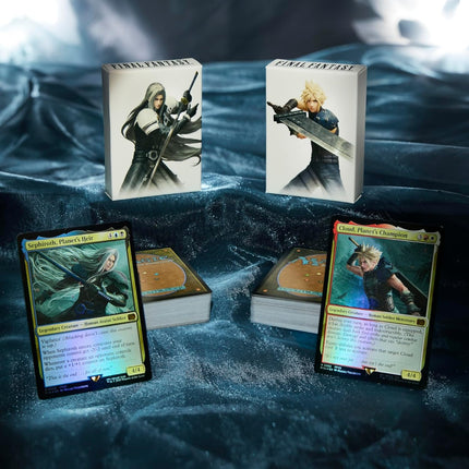 Contents of the Magic: The Gathering Final Fantasy Starter Kit: two ready-to-play decks and deck boxes